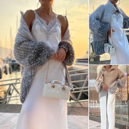 Jednofarebný pletený sveter s flitrami