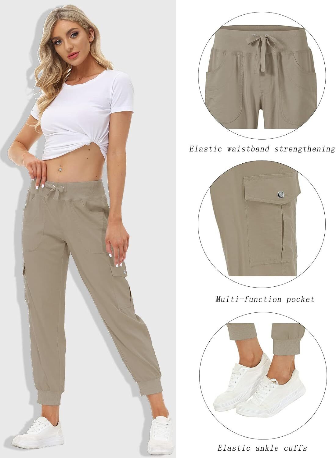 Dámske ľahké turistické cargo nohavice, rýchloschnúce, ležérne, cestovné, tepláky, elastický pás, vrecká na gombíky