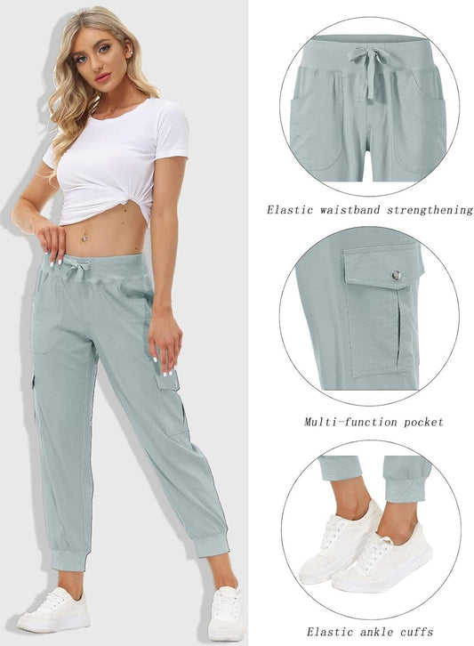 Dámske ľahké turistické cargo nohavice, rýchloschnúce, ležérne, cestovné, tepláky, elastický pás, vrecká na gombíky