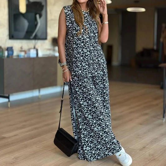 Módny dámsky set z tielka s potlačou a dvojdielnych nohavíc so širokými nohavicami