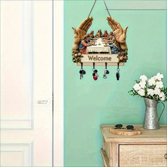 【✝️ Kombinácia praktickosti a umeleckej hodnoty】Nástenný dekoratívny drevený držiak na kľúče