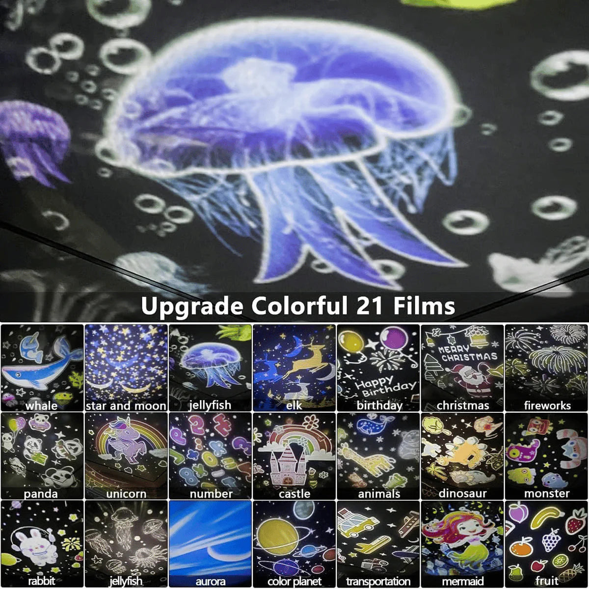 【🌌 Spremenite otroško sobo v pravljični svet】Detský nočný projektor s 15 filmami, nabíjanie cez typ C
