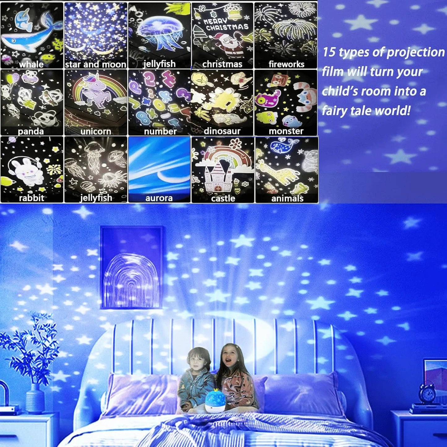 【🌌 Spremenite otroško sobo v pravljični svet】Detský nočný projektor s 15 filmami, nabíjanie cez typ C