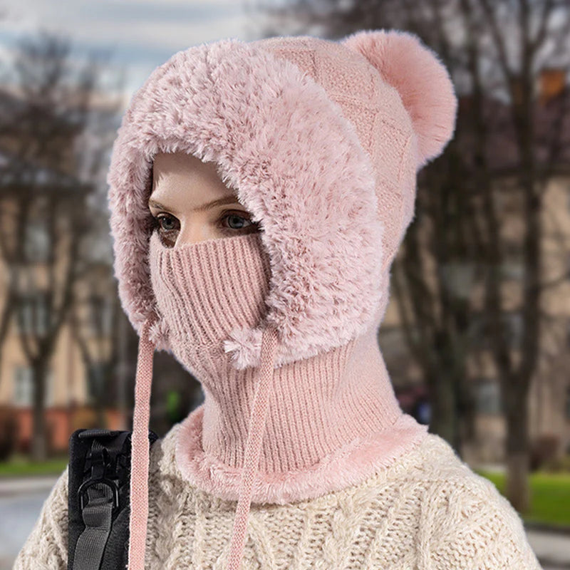 【❄️ Ideálne na lyžovanie, cestovanie alebo každodenné nosenie!】elegantná, hrubá pletená zimná čiapka s teplou pokrývkou tváre a šatkou