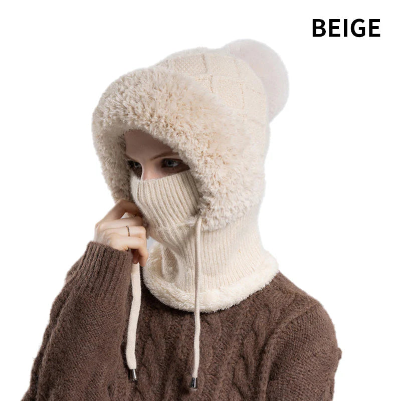 【❄️ Ideálne na lyžovanie, cestovanie alebo každodenné nosenie!】elegantná, hrubá pletená zimná čiapka s teplou pokrývkou tváre a šatkou